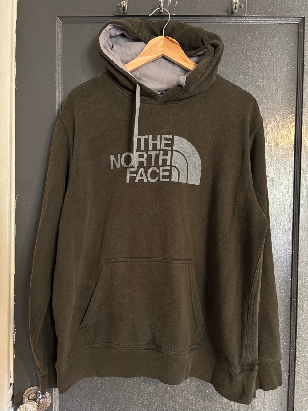 The North Face Olive Green Fleece Pullover Hoodie with Gray Logo